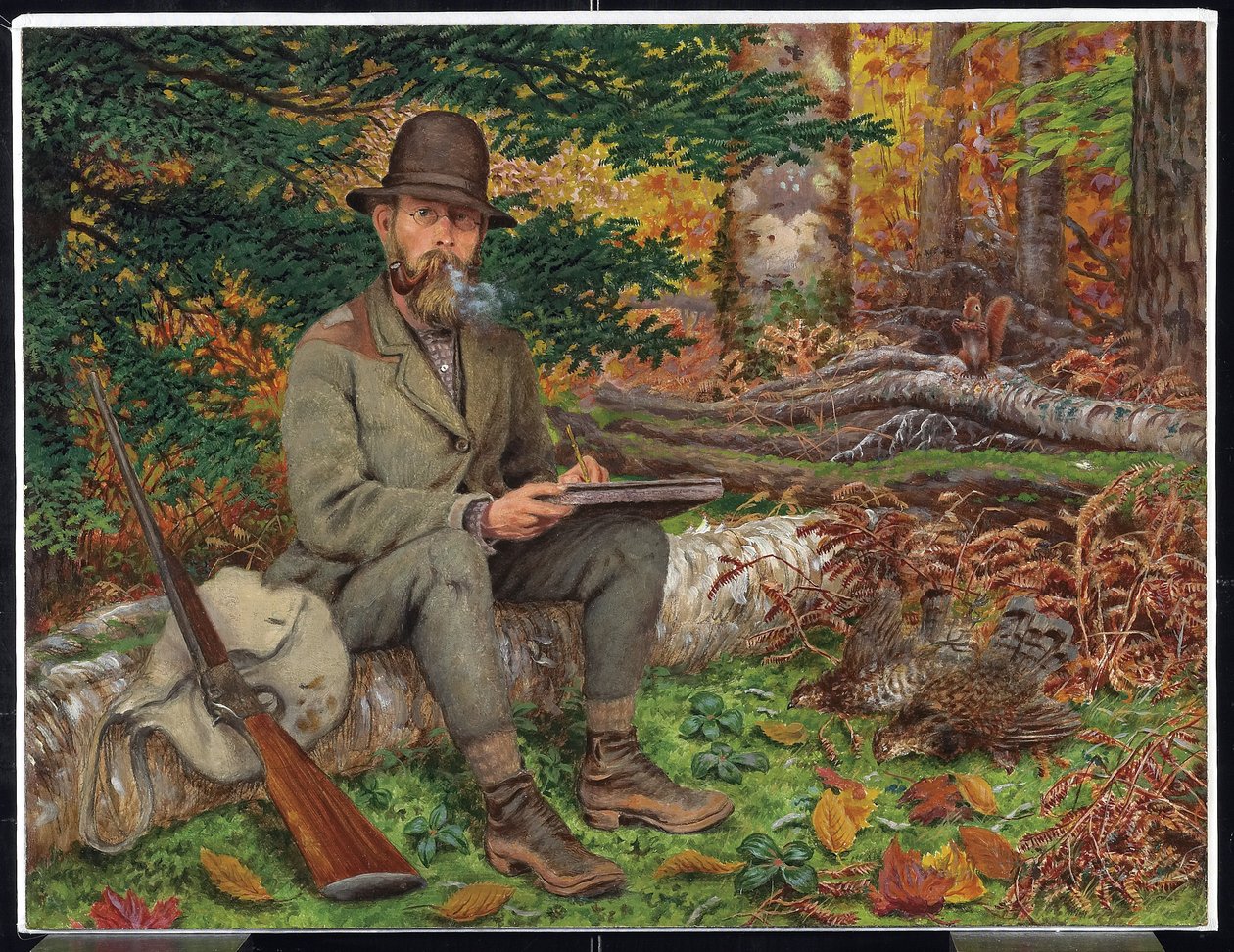 Omakuva metsästysvarusteissa, n. 1875 (öljyä ja grafiittia paperille laminoidulle kuitulevylle) tekijältä William George Richardson Hind