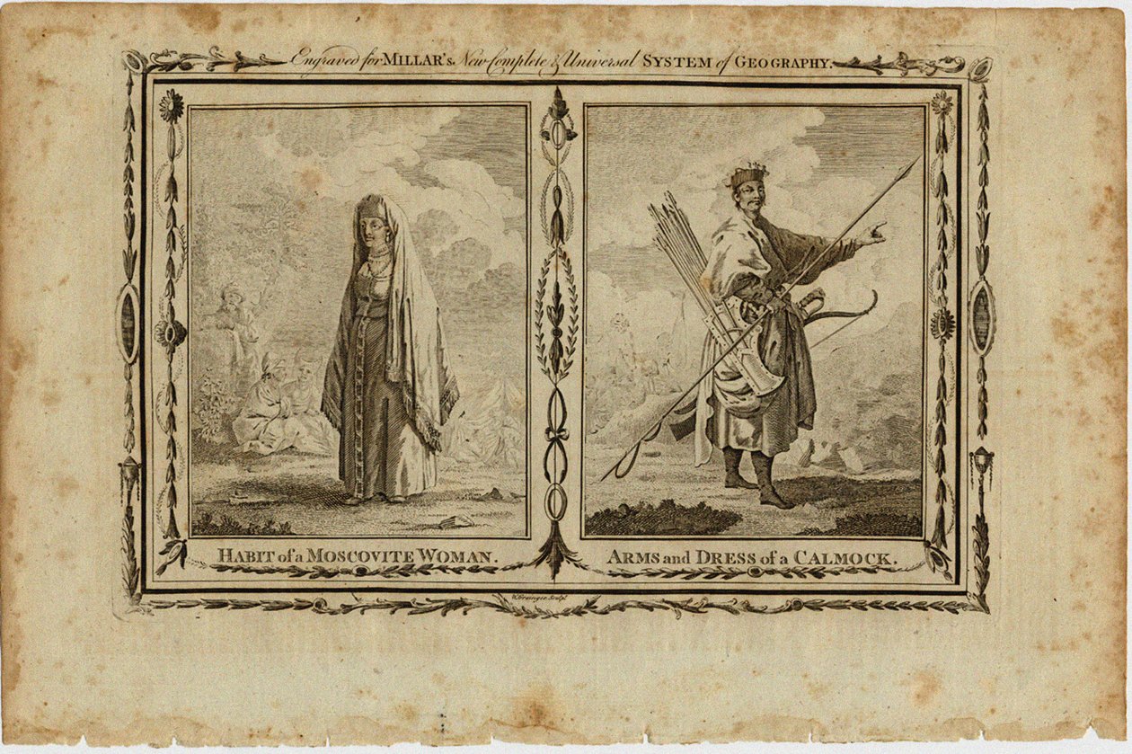 Moskovalaisen naisen tottumukset ja kalmykin kädet ja puku, n. 1730 tekijältä William Grainger