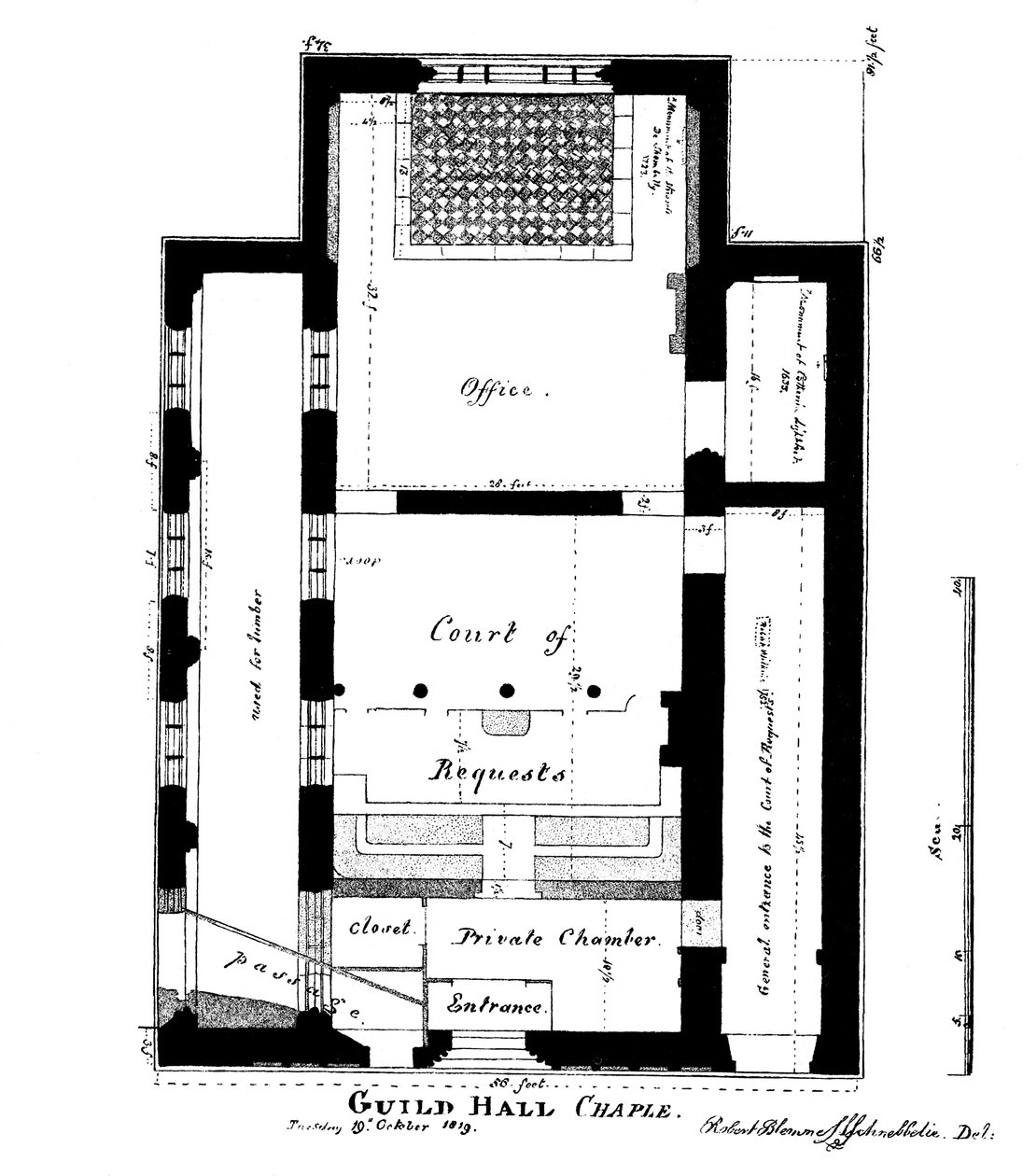 Suunnitelma Guildhall Chapelista, King Street, Cheapside, Lontoo, 1819 1886. tekijältä William Griggs