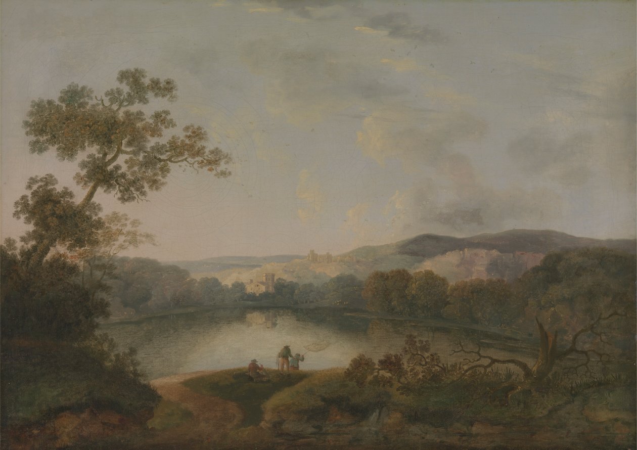 Näkymä järvelle kalastajien kanssa tekijältä William Groombridge