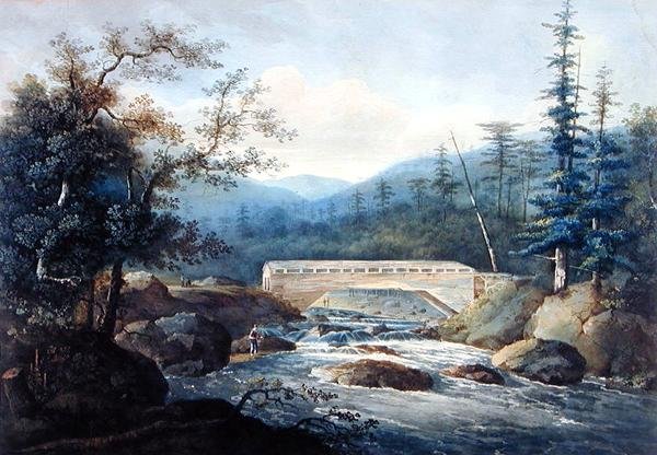 Katettu silta Sacandaga-joen yli, Hadley, NY, n. 1820 (grafiitti ja akvarelli paperille) tekijältä William Guy Wall