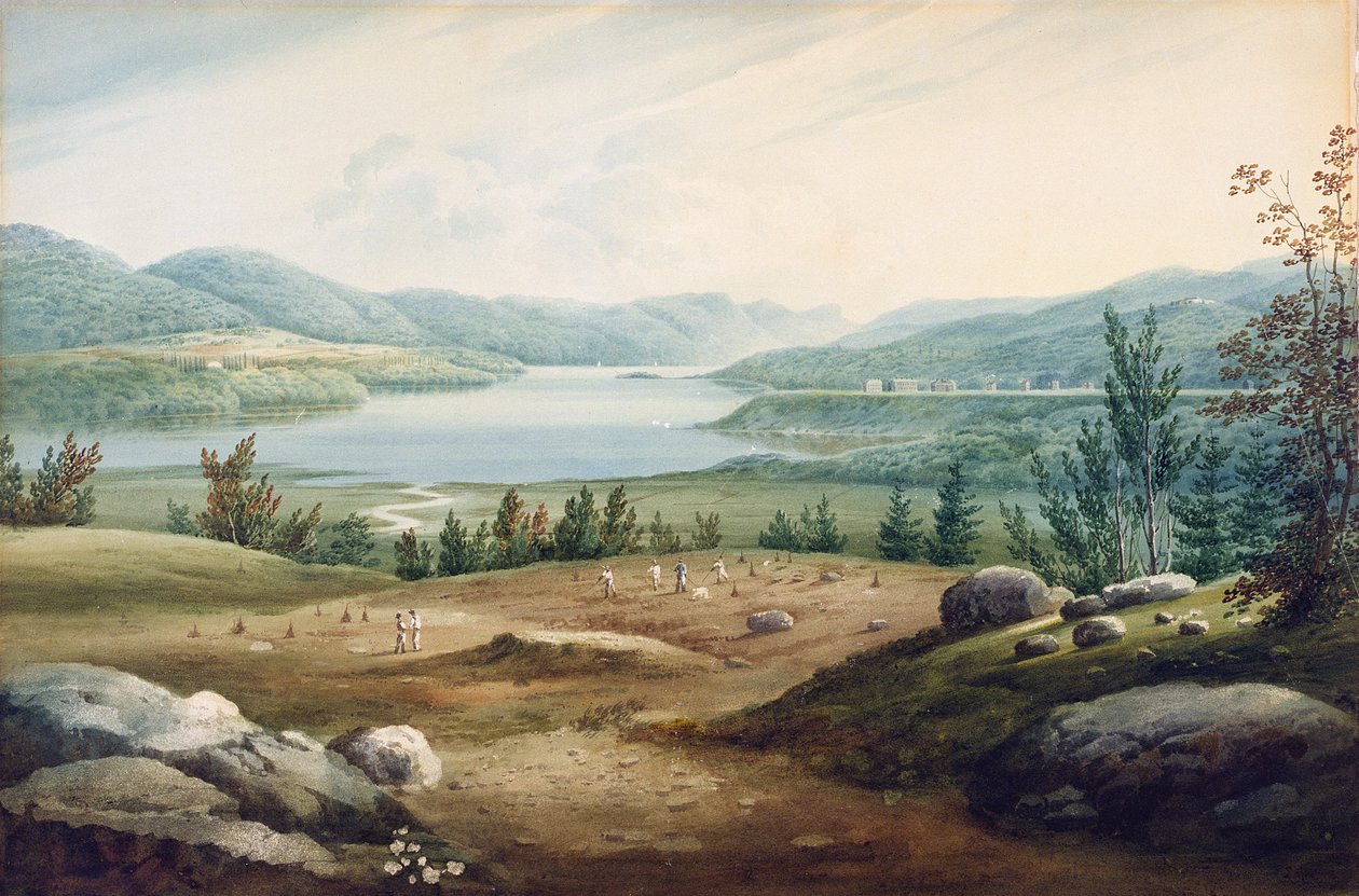 Hudson River West Pointissa, New Yorkissa, 1820 (wc paperille asennettuna pahville) tekijältä William Guy Wall