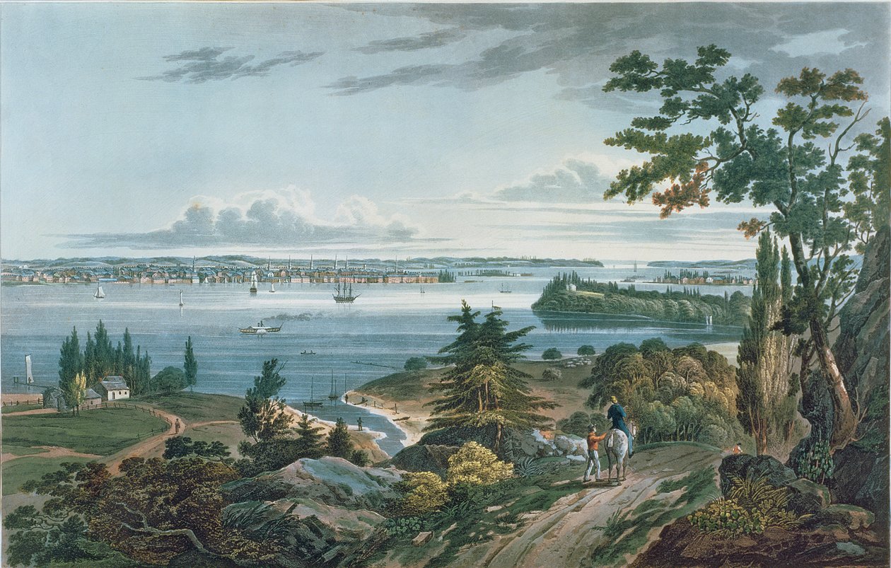 New York Weehawkista, kaiverrus I. Hill, 1820-3 (väriakvatinta) tekijältä William Guy Wall