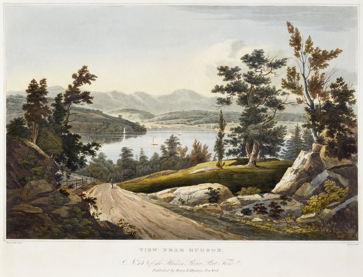 Näkymä lähellä Hudsonia, 1822 (akvatinta paperille käsin värjättynä) tekijältä William Guy after Wall