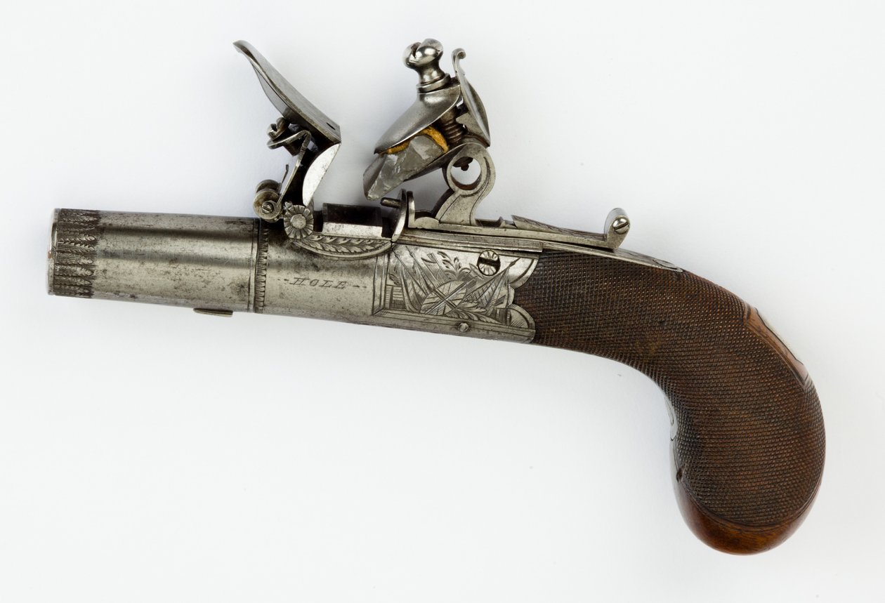 Flintlock-taskupistooli laatikkolukolla, n. 1820 (teräs, hopea ja pähkinäpuu) tekijältä William Hale