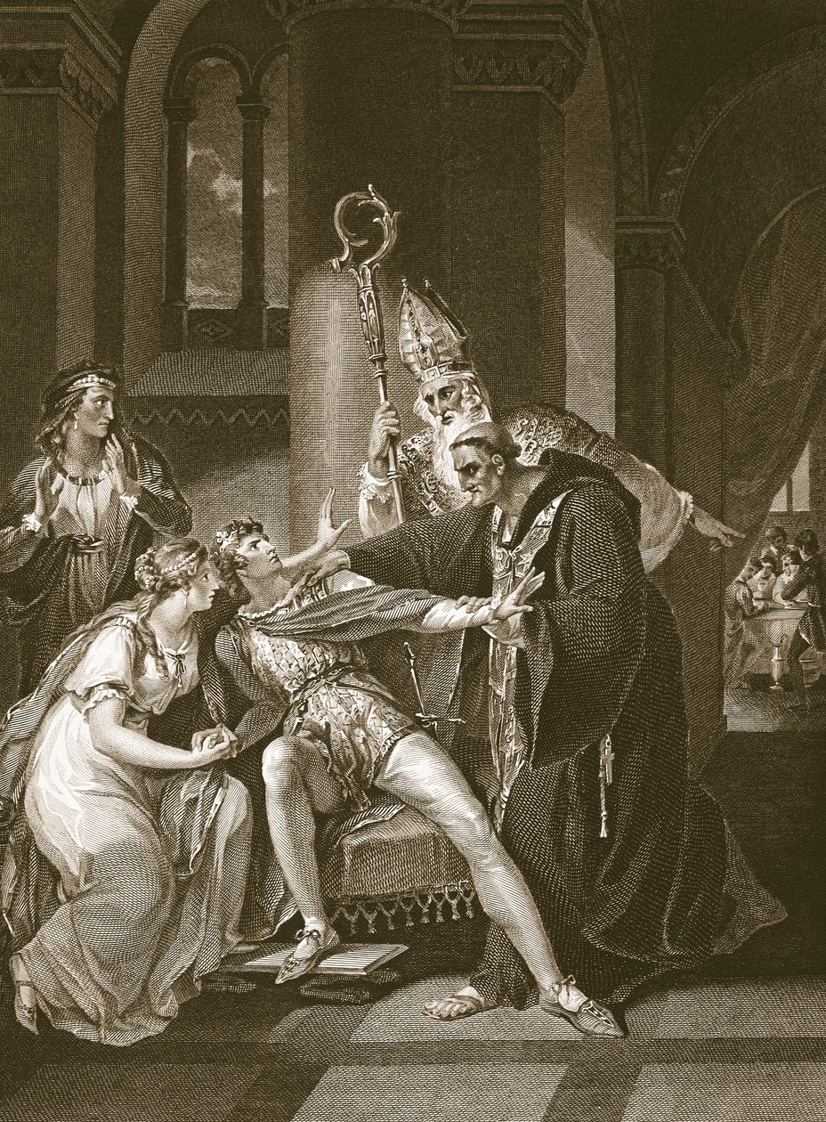 Edwy ja Elgiva, kaiverrettu Isaac Taylorin toimesta, kuvitus David Humen teoksesta "The History of England", julkaissut R. Bowyer, Lontoo 1812. tekijältä William Hamilton