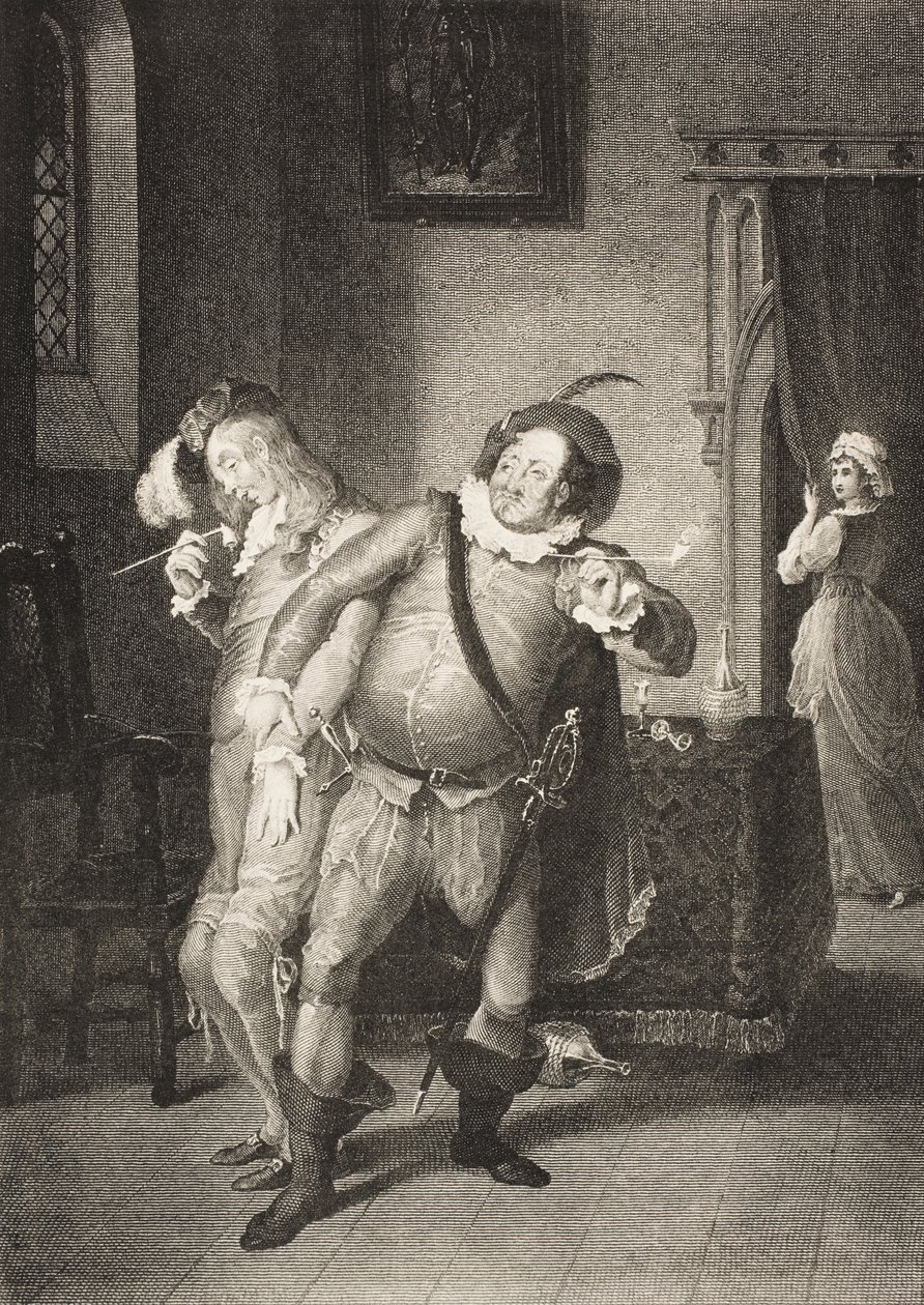 Olivian talo, näytös II, kohtaus III, kirjasta "Twelfth Night, Or What You Will", The Boydell Shakespeare Gallery, julkaistu 1800-luvun lopulla. tekijältä William Hamilton