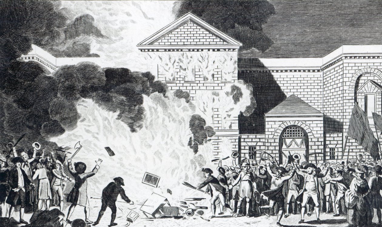 Lontoon mellakoijien aiheuttamat tuhot ampuivat Newgaten uuden vankilan ja polttivat herra Akermanin huonekalut, 6. kesäkuuta 1780, kaiverrus T. Thornton tekijältä William Hamilton