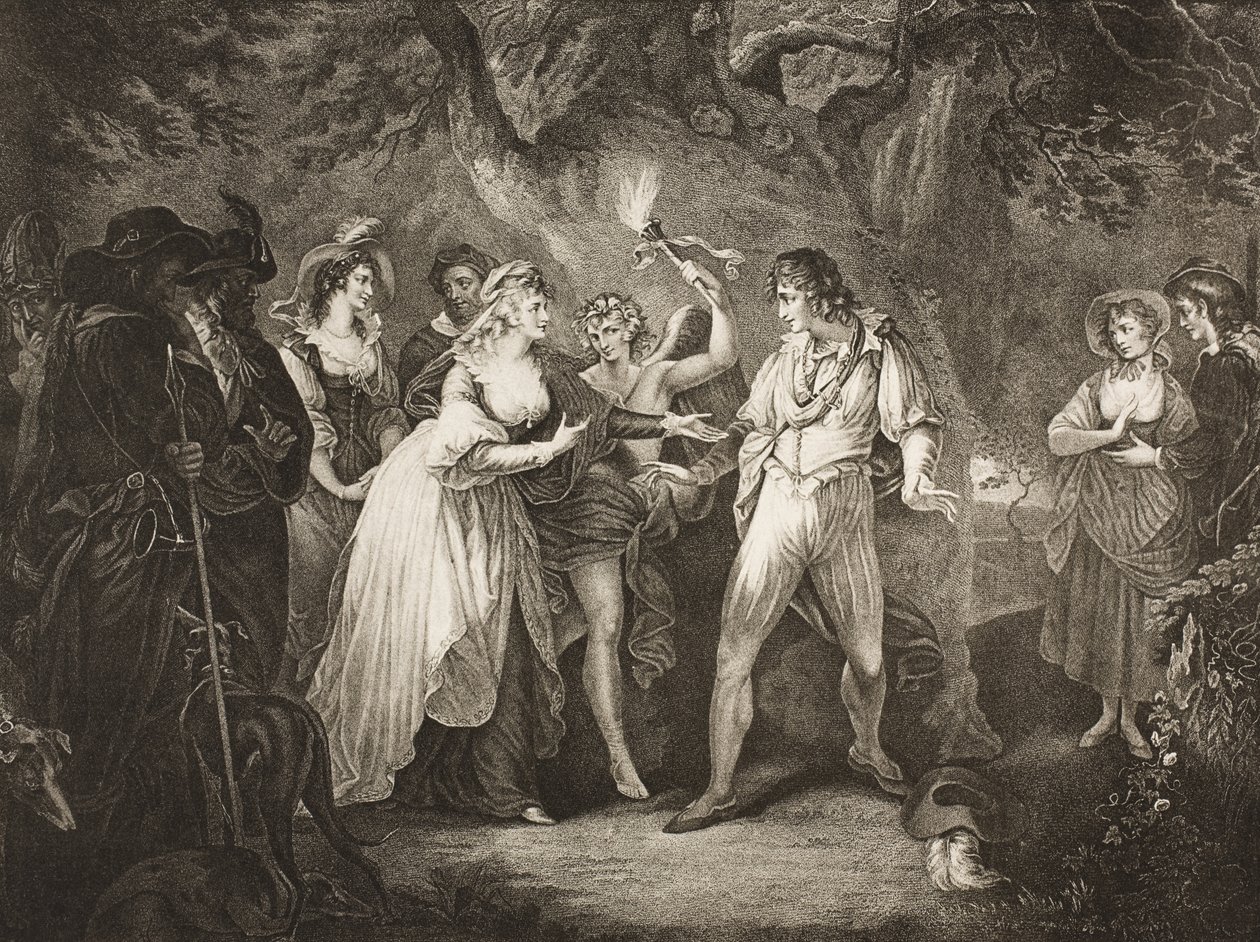 Metsä, V näytös, kohtaus IV, "Kuten haluatte", The Boydell Shakespeare Gallery, julkaistu 1800-luvun lopulla. tekijältä William Hamilton
