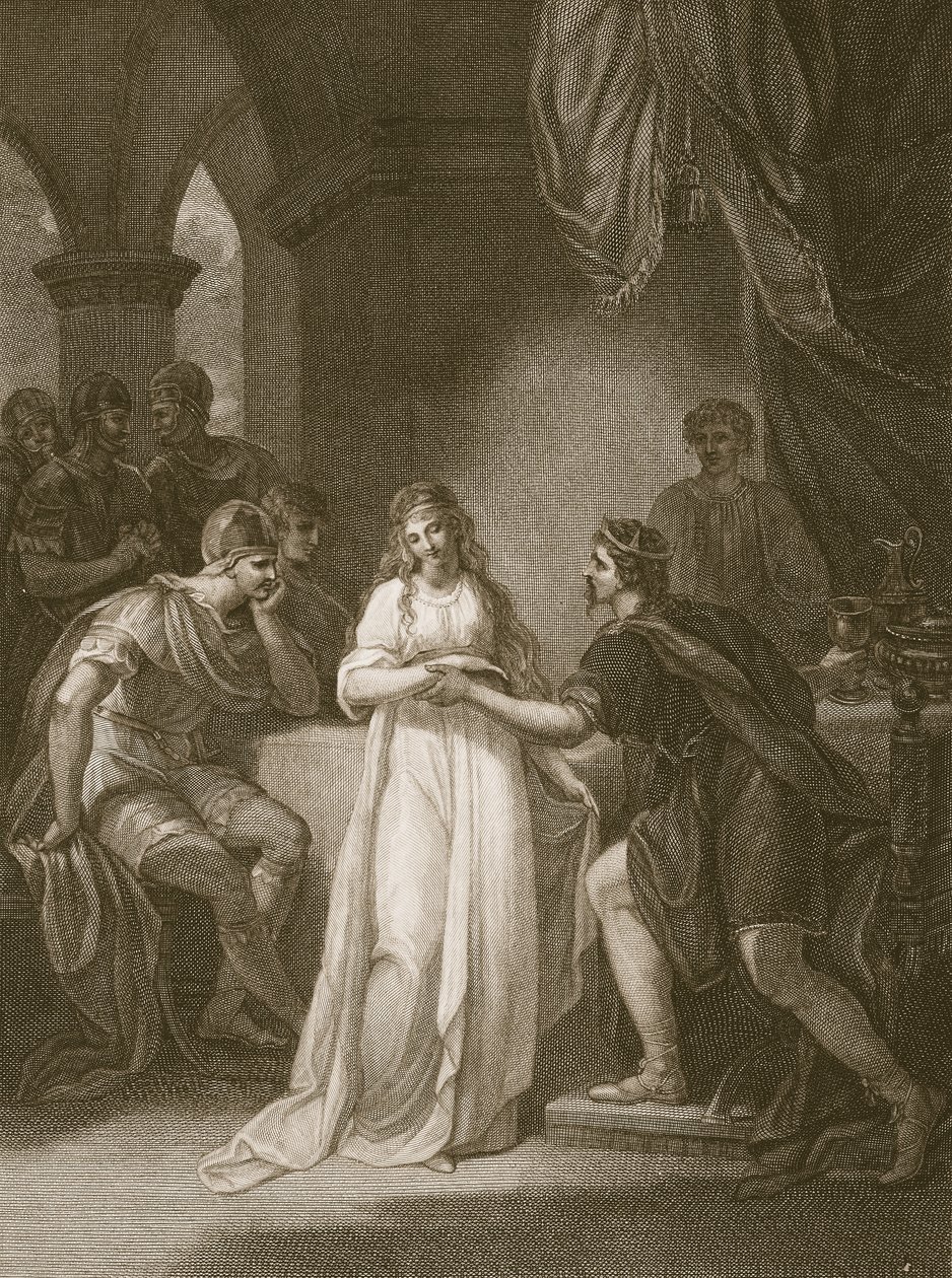 Vortigern ja Rovena, kaiverrus Delatre, kuvitus David Humen "The History of England", pub. R. Bowyer, Lontoo, 1812 tekijältä William Hamilton