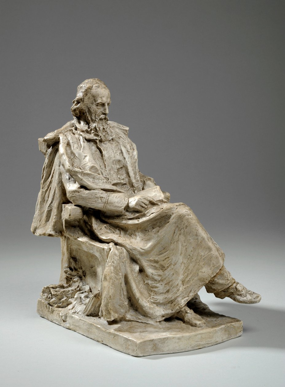 Maquette Alfredille, Lord Tennyson istuu Trinity Collegessa, Cambridgessa, n. 1909 (kipsi) tekijältä William Hamo Thornycroft