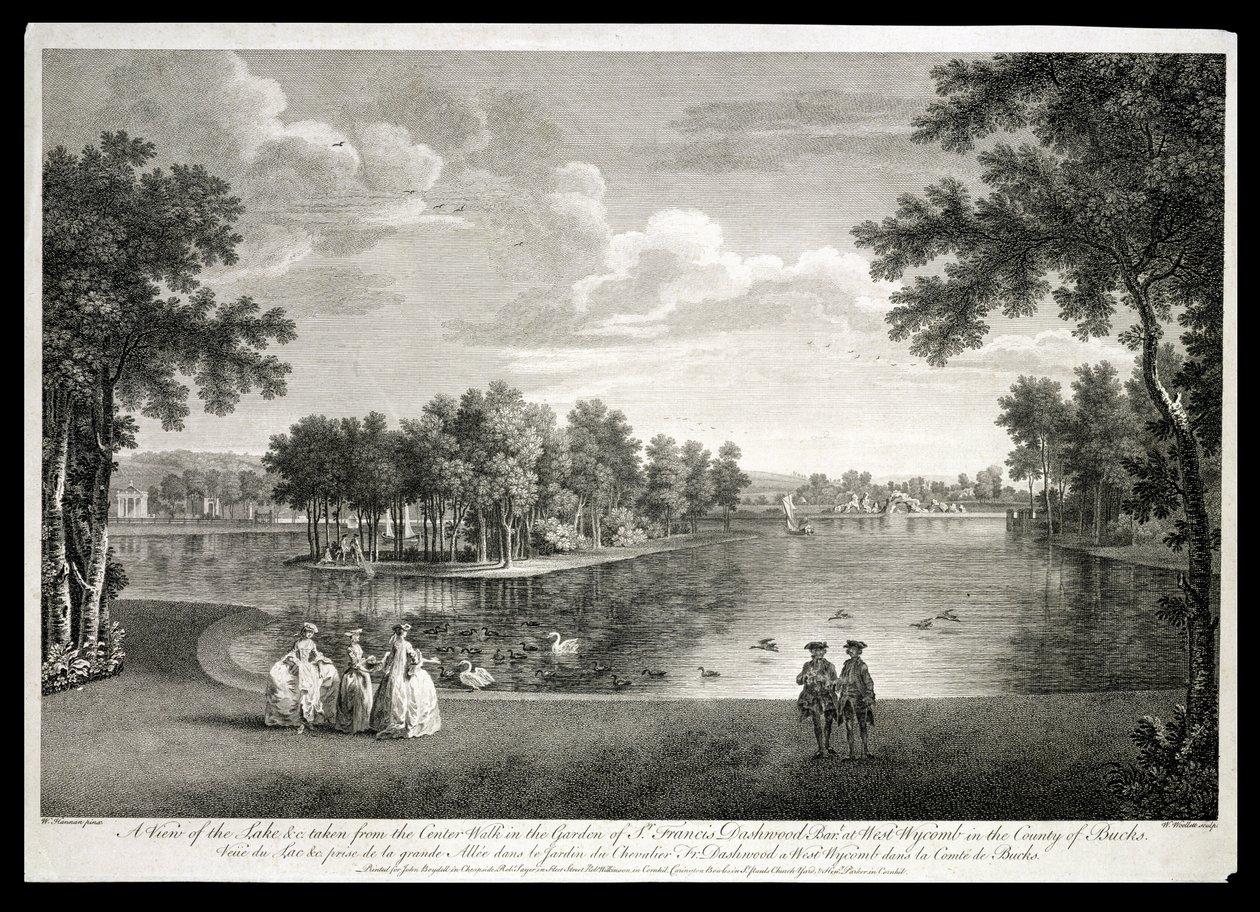 Näkymä järvelle keskustasta Kävele puutarhassa West Wycombessa, Buckinghamshiressä, kaiverrus William Woollett (1735-85) tekijältä William Hannan