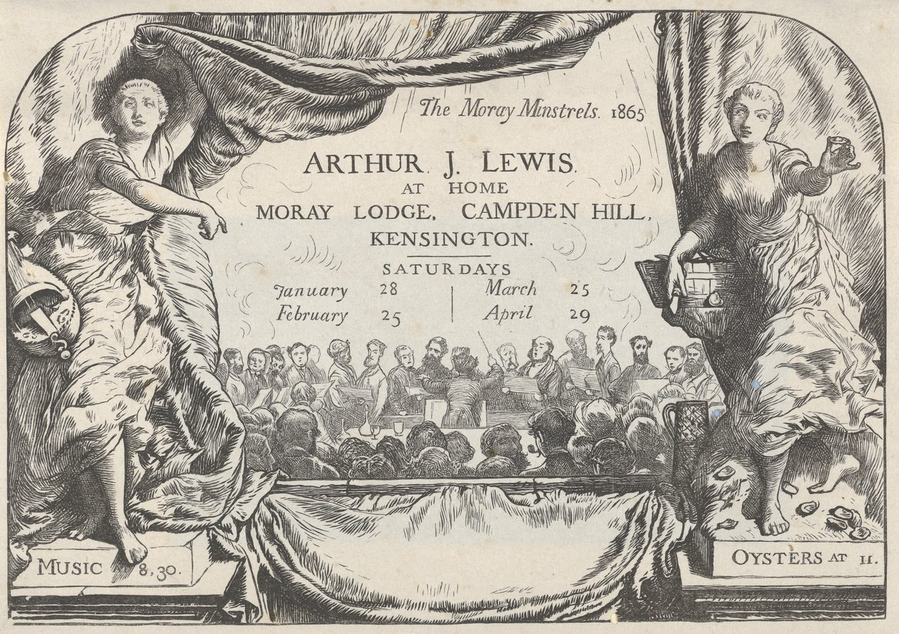 Arthur James Lewisin Moray Minstrelsin kutsukortti, 1865. tekijältä William Harcourt Hooper