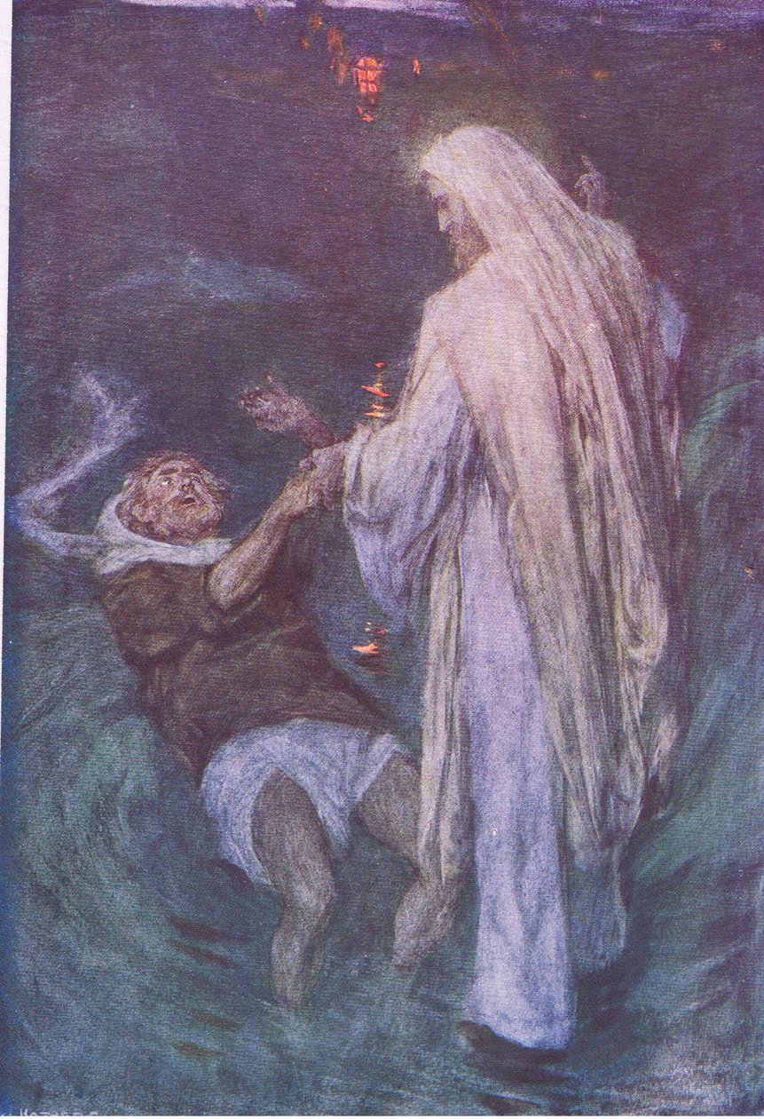 Kristus kävelee merellä, Hodder & Stoughtonin julkaisemasta The Bible Story -teoksesta, n. 1930. tekijältä William Hatherell