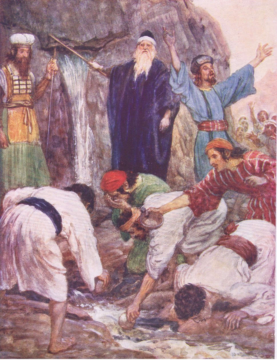 Mooses lyömässä kalliota, Hodder & Stoughtonin julkaisemasta The Bible Story -teoksesta, n. 1930. tekijältä William Hatherell