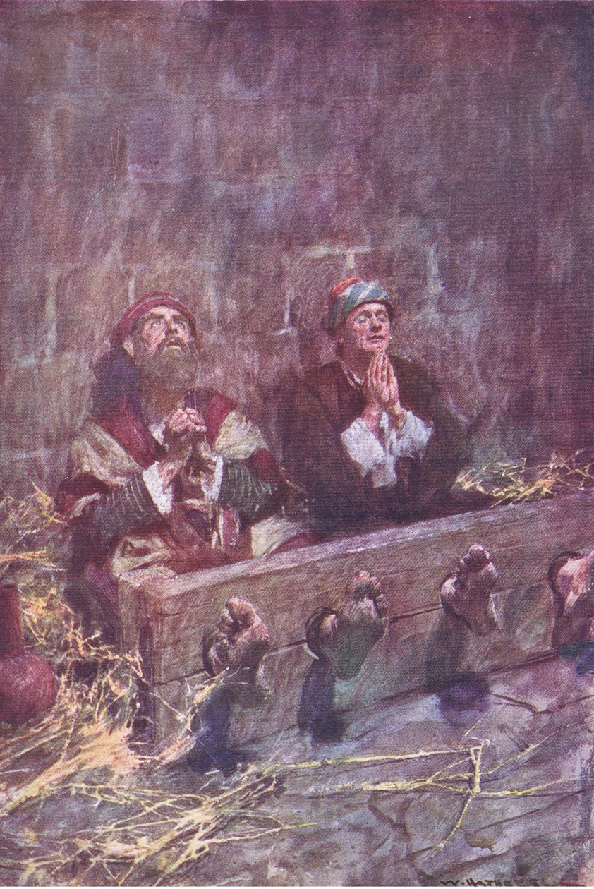 Paavali ja Silas vankilassa, Hodder & Stoughtonin julkaisemasta The Bible Story -teoksesta, n. 1930. tekijältä William Hatherell