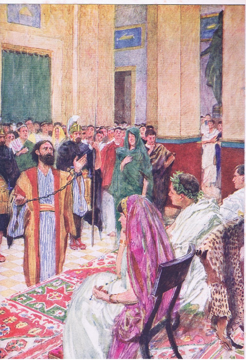 Paavali ennen Agrippaa, Hodder & Stoughtonin julkaisemasta Raamatun tarinasta, n. 1930 (värilitho) tekijältä William Hatherell