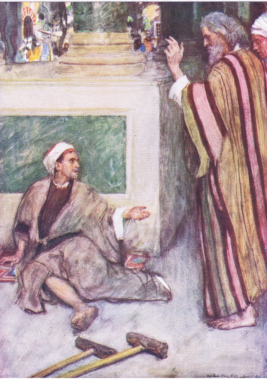 Pietari ja Johannes parantavat ramman miehen, Hodder & Stoughtonin julkaisemasta The Bible Story -teoksesta, n. 1930. tekijältä William Hatherell