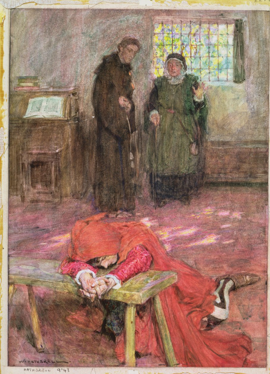 Romeo Friar Laurencen sellissä, kuva "Romeo ja Julia" näytökselle III, kohtaus 3 tekijältä William Hatherell