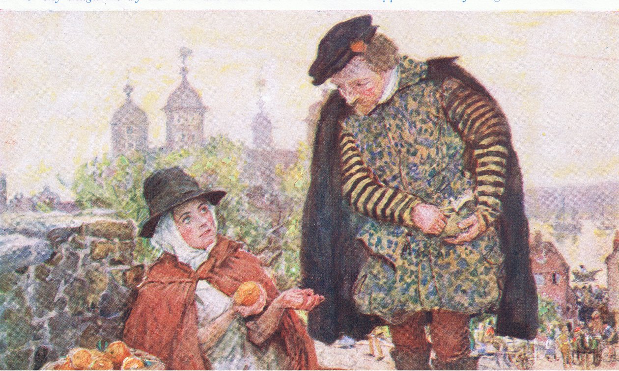 Shakespeare ostaa appelsiinin naiselta Tower Hillissä, My Magazinesta, pub.1922 tekijältä William Hatherell