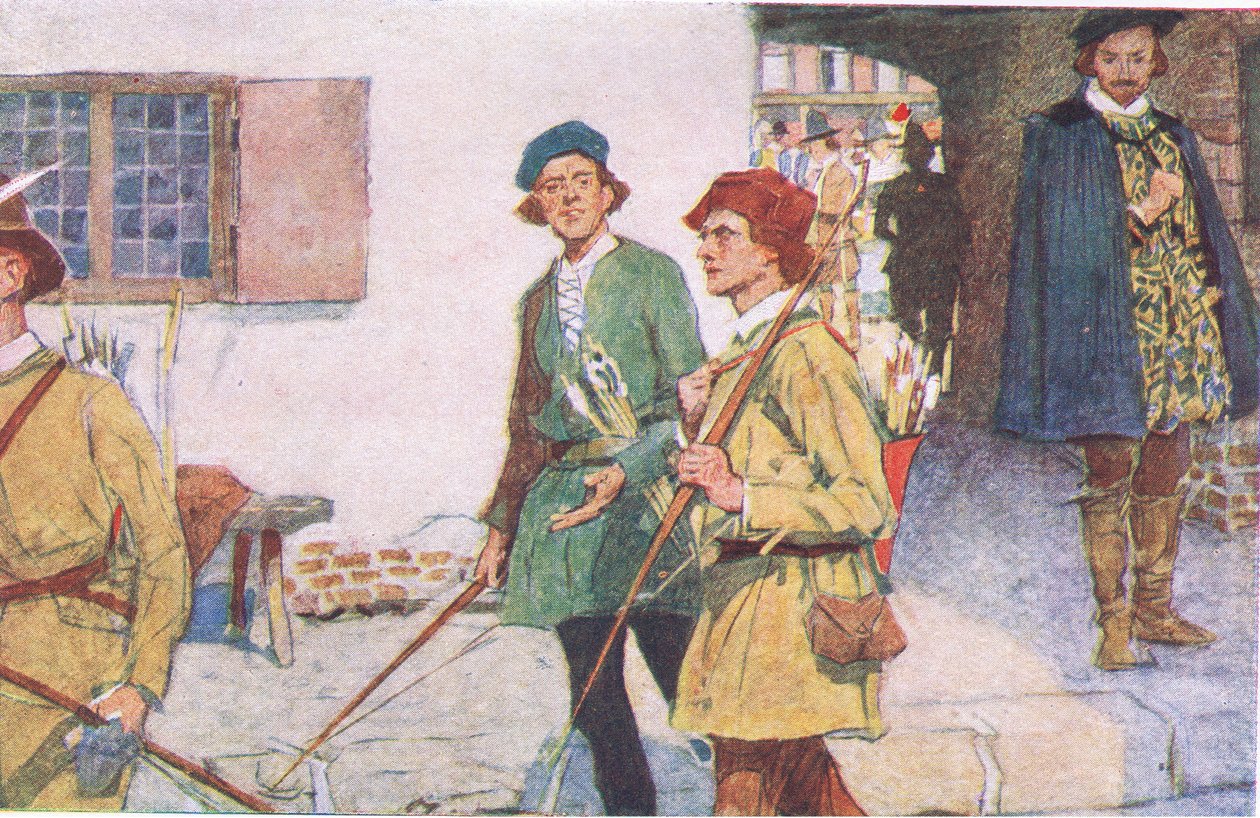 Shakespeare näkee oppipoikien ryhmän jousineen ja nuolineen menossa Moorfieldsin jousiammuntapaikalle, My Magazine, pub.1922. tekijältä William Hatherell