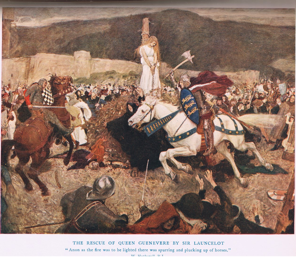 Sir Lancelotin The Rescue of Queen Guenevere, kuvitus "Kuningas Arthurista" tekijältä William Hatherell