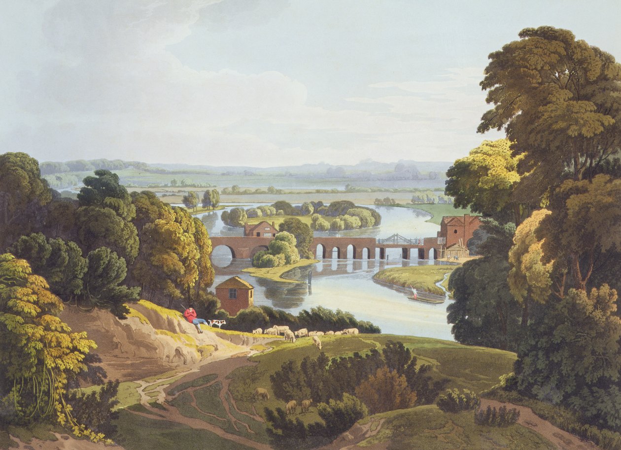 Caversham Bridge, lähellä Readingiä, kaiverrettu Robert Havell the Younger (1793-1878), julkaistu 1818 (akvatintta). tekijältä William Havell