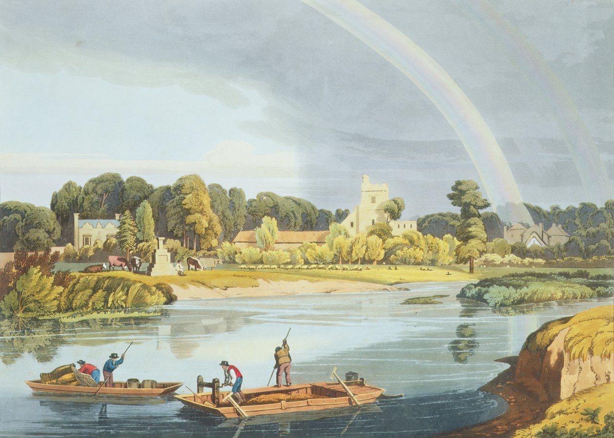 Stainesin kirkko kaupunginkivellä joen varrella, kaiverrettu Robert Havell nuoremman (1793-1878), julkaistu 1818 (akvatinta) tekijältä William Havell