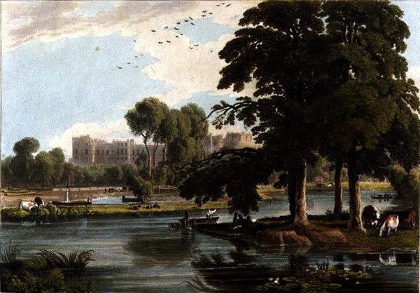 Näkymä Windsorin linnalle Eton Collegen leikkikentiltä, kaiverrus Robert Havell (1769-1832) 1814 (värikaiverrus) tekijältä William Havell