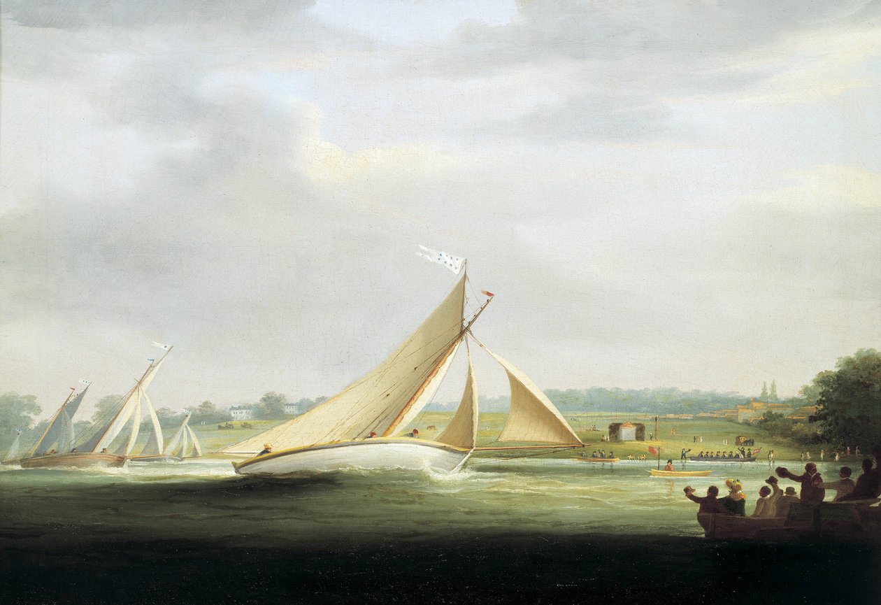 Thamesilla (Englanti) järjestetyn Cumberland Society Race -kilpailun jahdit noin vuonna 1815, Thamesin kuninkaallisen purjehduskilpailun esi-isä. Öljy kankaalle tekijältä William Havell