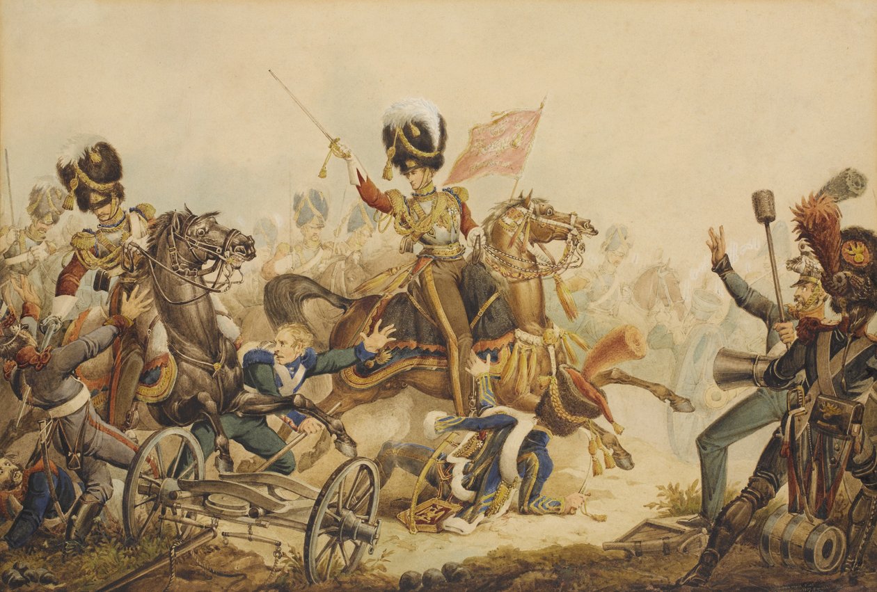 Ensimmäinen henkivartija ryntäsi ranskalaista tykistöä Waterloon taistelussa 1815, 1820 tekijältä William Heath