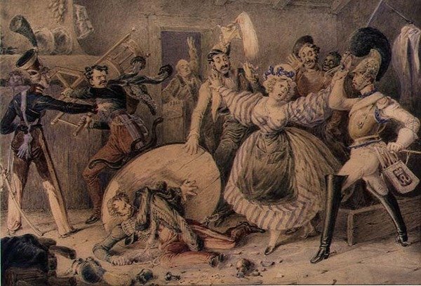 Tappelu majatalossa, n. 1830 (akvarelli lyijykynällä korotettuna guassilla paperille) tekijältä William Heath