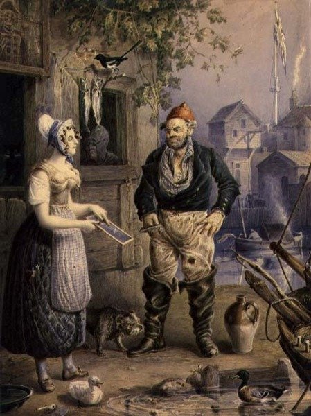 Kalastaja ja piika, n. 1830 (akvarelli lyijykynällä kohotettu guassilla paperille) tekijältä William Heath