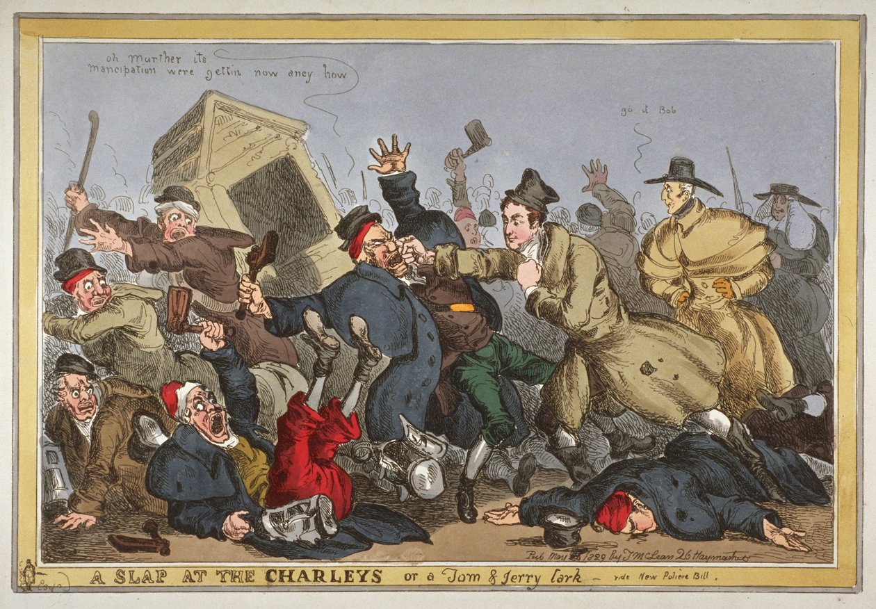"A slap at the Charleys or a Tom und Jerry Lark, video New Police Bill", 1829 (käsinvärinen etsaus) tekijältä William Heath