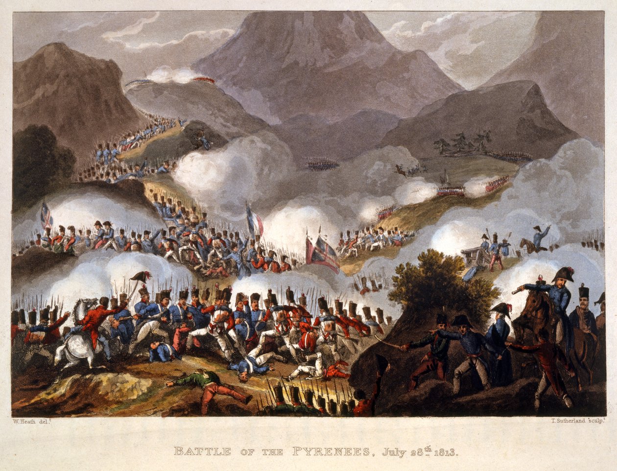 Pyreneiden taistelu, 28. heinäkuuta 1813, pub. Lontoo 1815 tekijältä William Heath