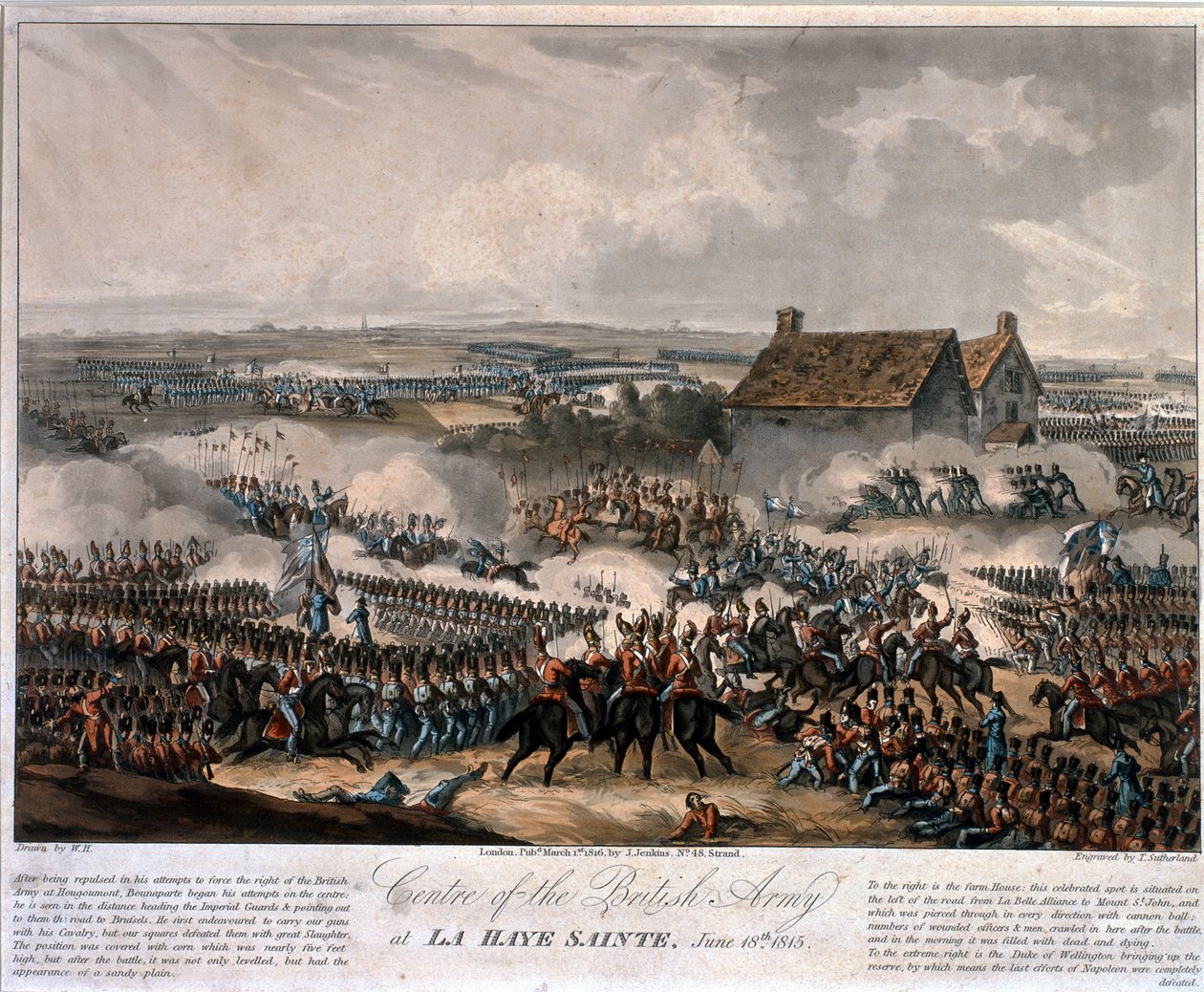 Brittiarmeijan keskus La Haye Saintessa Waterloon taistelun aikana, kaivertanut Thomas Sutherland, 1816 (värillinen akvatinta) tekijältä William Heath