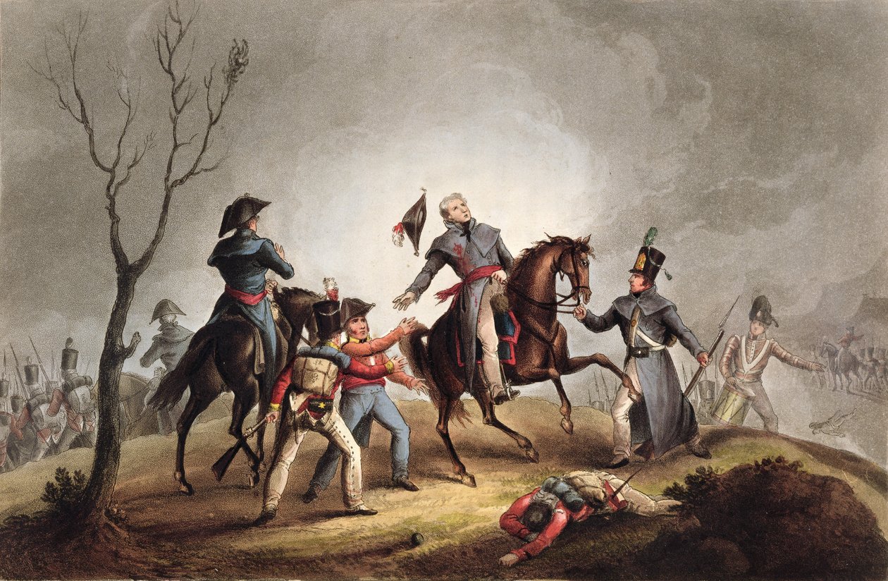 Sir John Mooren (1761-1809) kuolema 17. tammikuuta 1809, James Jenkinsin laatimasta teoksesta "The Martial Achievements of Great Britain and her Allies from 1799-1815", kaiverrettu Thomas Sutherlandin (s. noin 1785) toimesta. tekijältä William Heath