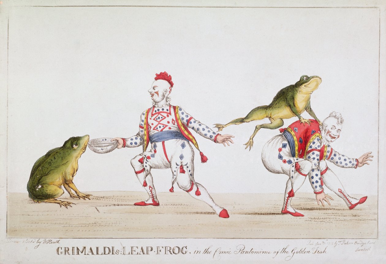 Grimaldin hyppysammakko sarjakuvassa Kultaisen kalan pantomiimi, 1812 tekijältä William Heath