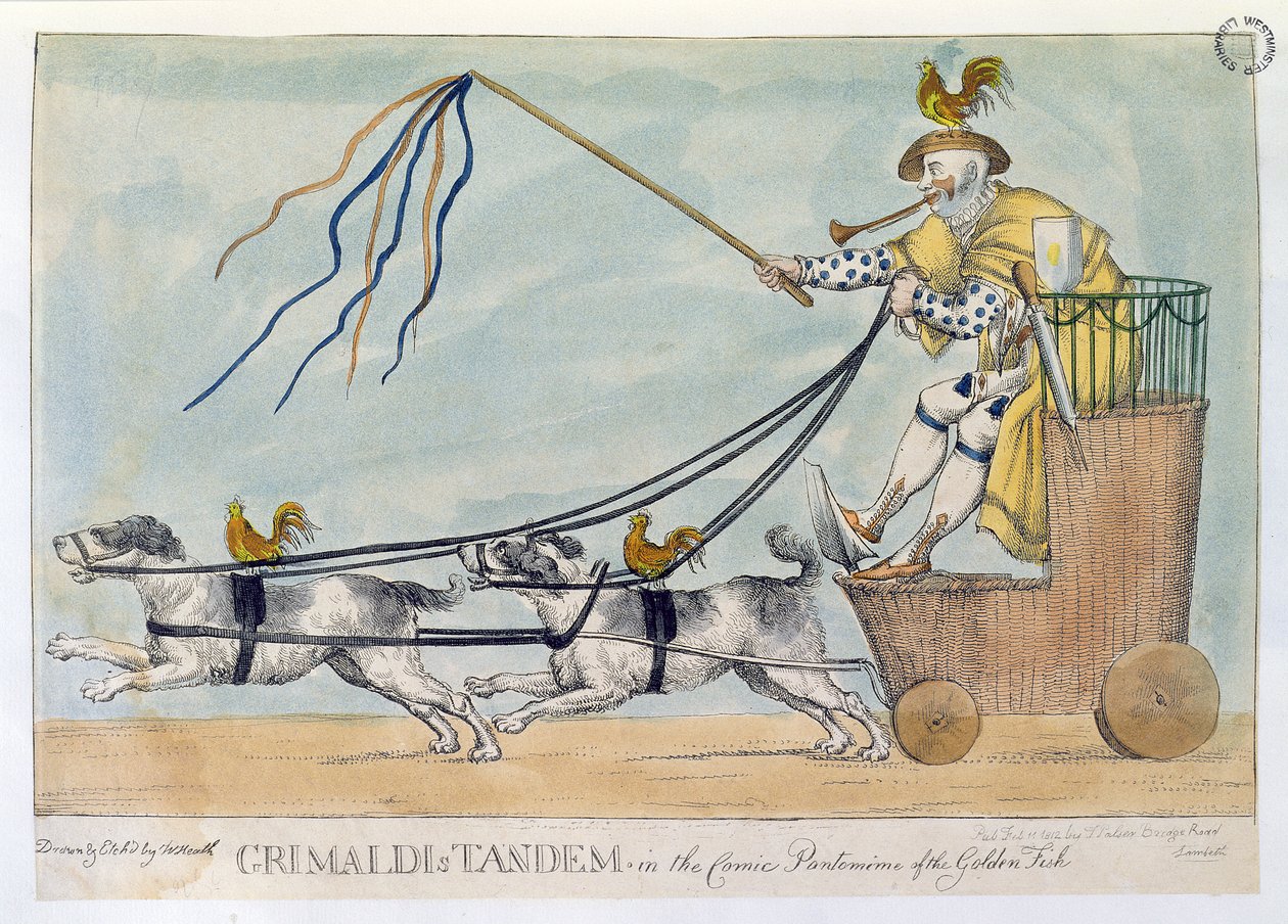 Grimaldin tandem sarjakuvassa kultaisen kalan pantomiimi, pubi. 1812 tekijältä William Heath