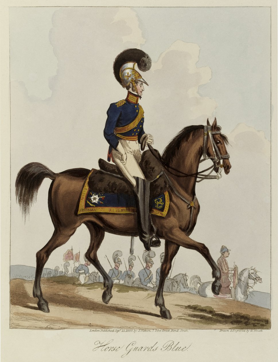 Hevoskaartin sininen, kuninkaallisen hevoskaartin rykmentin univormututkimus, 1820 (värillinen akvatintta). tekijältä William Heath