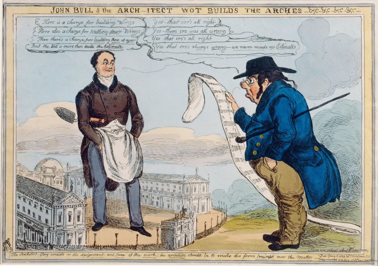John Bull ja arkkitehti Wot rakentavat kaaria-undc-undc-undc, kaivertanut Thomas McLean (1788-1875) tekijältä William Heath