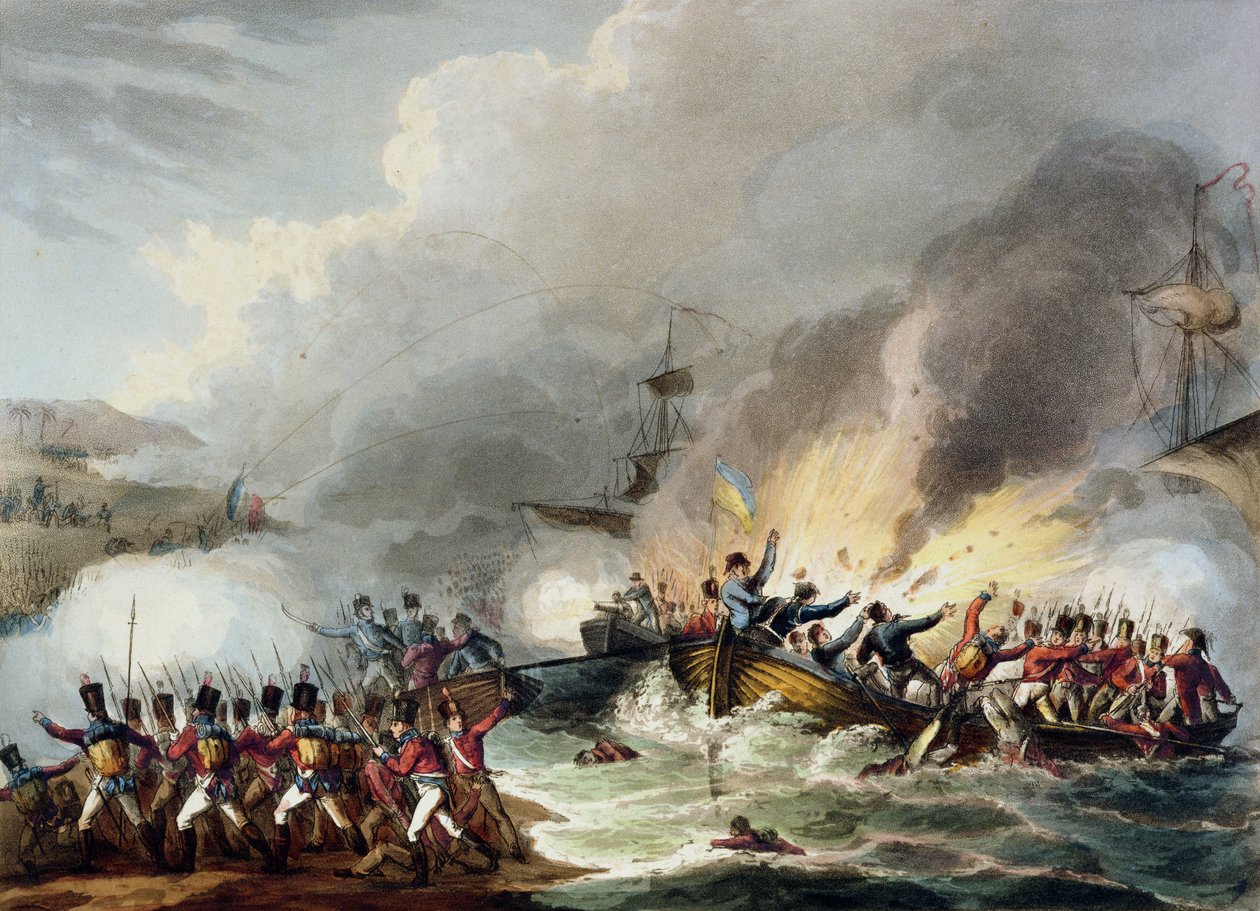 Brittijoukkojen maihinnousu Egyptissä, maaliskuu 1801, James Jenkinsin teoksesta The Martial Achievements of Great Britain and her Allies from 1799-1815, kaiverrus Thomas Sutherland (b.c.1785), publi. tekijältä William Heath