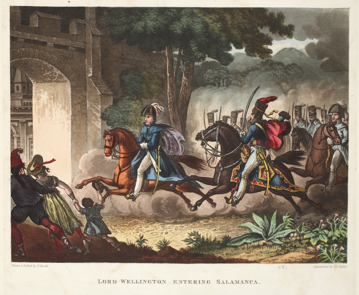Lordi Wellington saapuu Salamancaan, J.C. Stadlerin akvatintta, julkaisija Tegg, huhtikuu 1818 (akvatintta). tekijältä William Heath