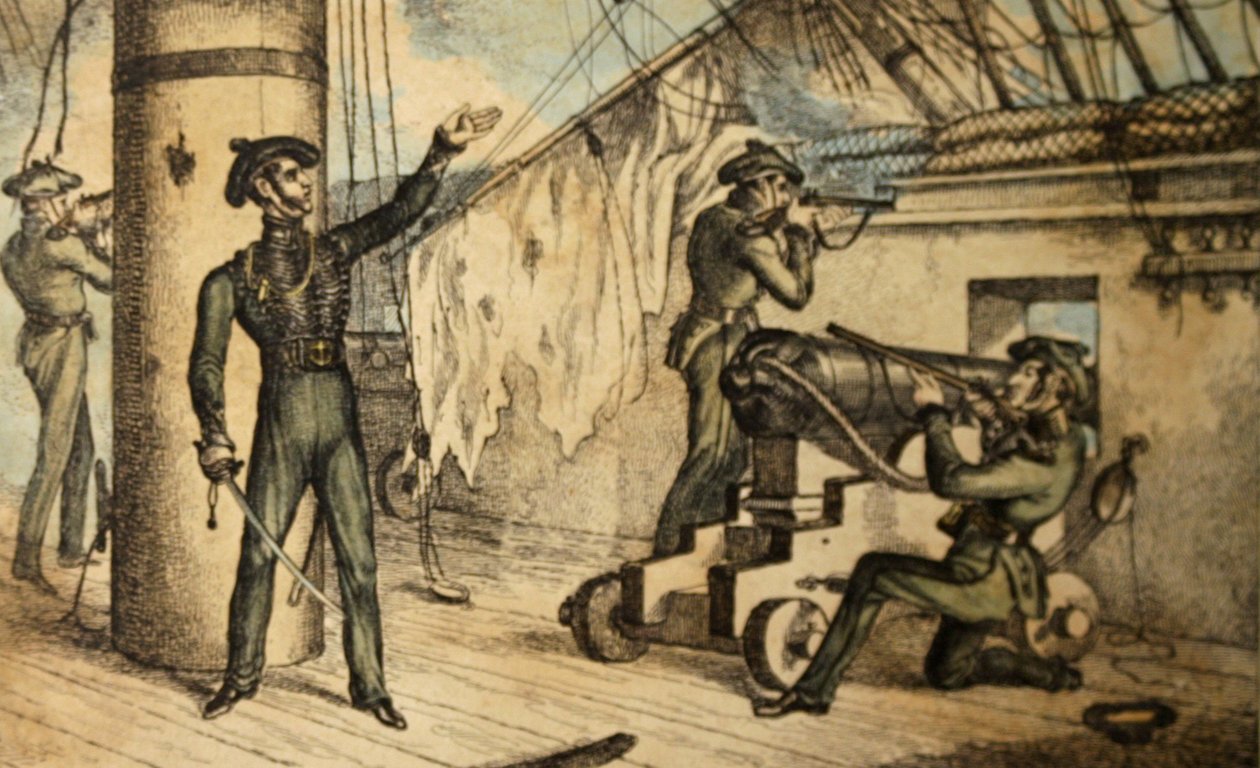 Merijalkaväen kiväärimiehiä toiminnassa tuntemattomalla sota-aluksella, noin 1835 (käsin värjätty etsaus). tekijältä William Heath