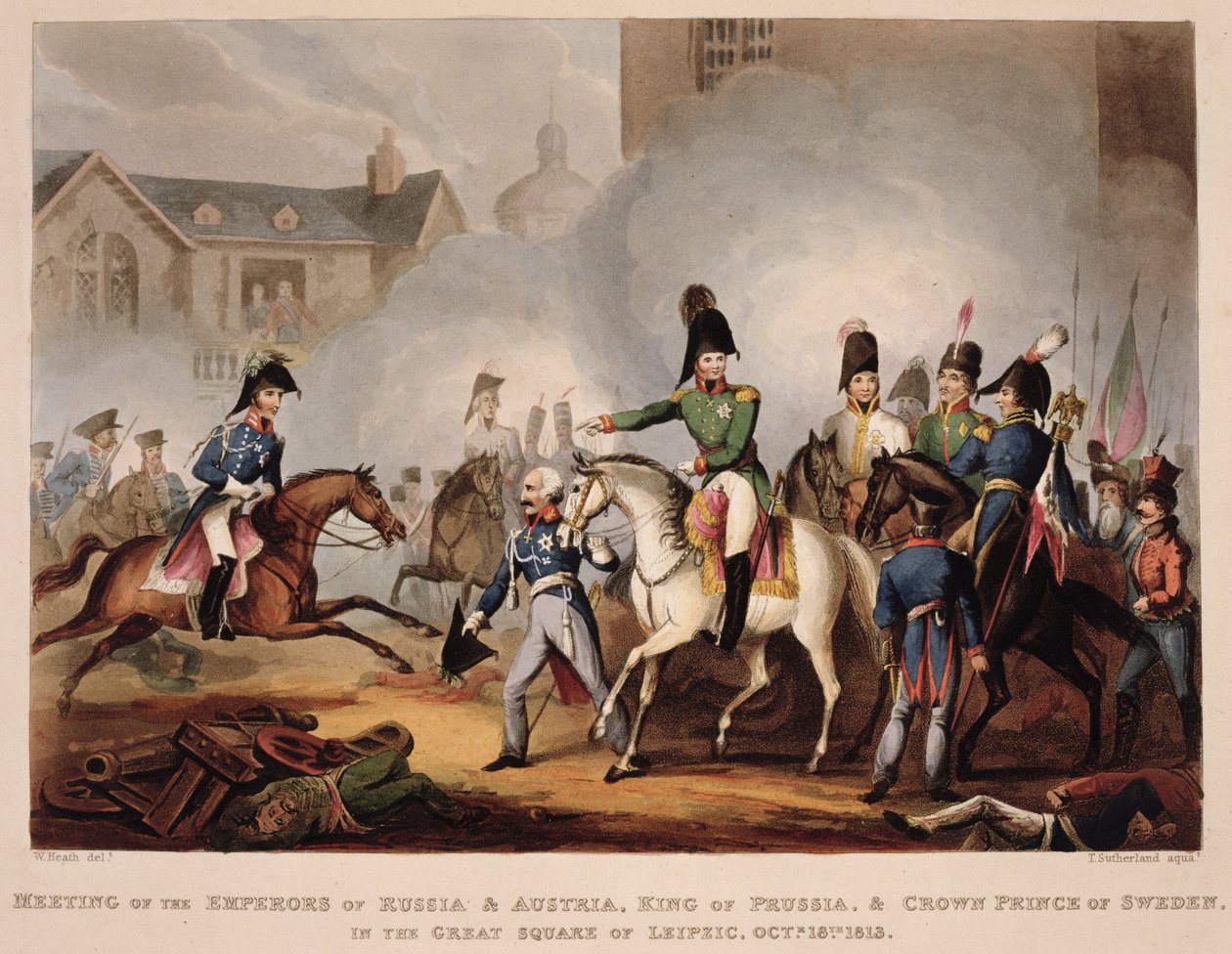 Venäjän ja Itävallan keisarien, Preussin kuninkaan ja Ruotsin kruununprinssin tapaaminen Leipsicin suurella aukiolla 18. lokakuuta 1813 teoksesta "The Martial Achievements of Great Britain and her Al" tekijältä William Heath