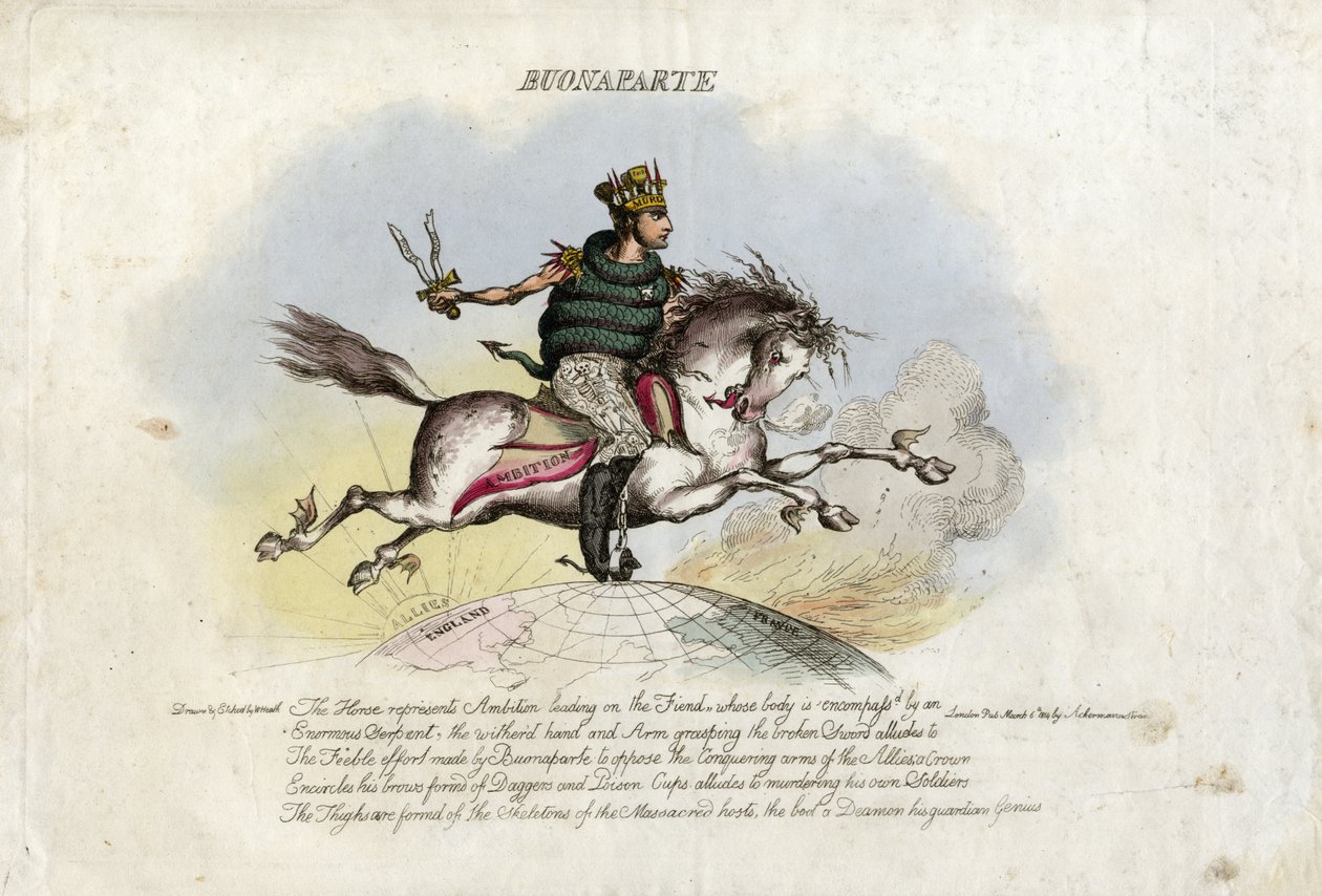 Napoleon laukkaa Ambitionissa, hevosella, jolla on siivet jaloissaan ympäri maapallon tekijältä William Heath