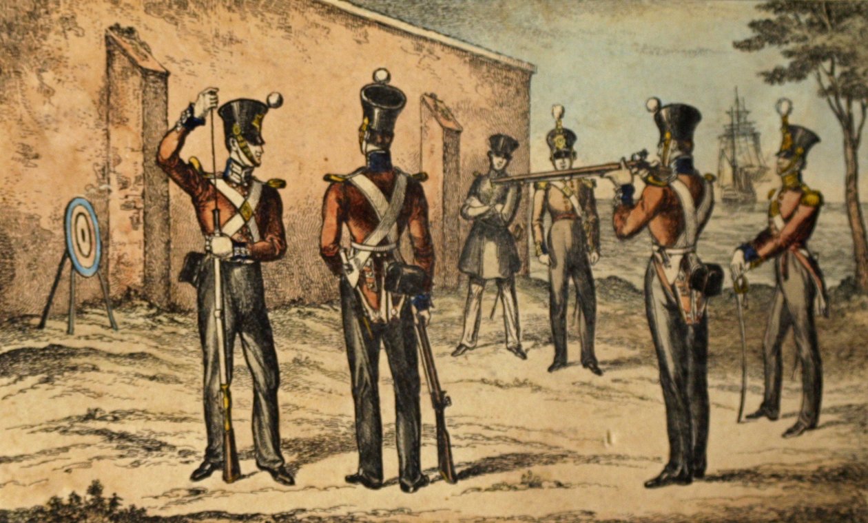 Merijalkaväen sotilaiden nykyinen asu pyöreän maalin ampumaharjoituksissa, noin 1835 (käsin värjätty etsaus). tekijältä William Heath