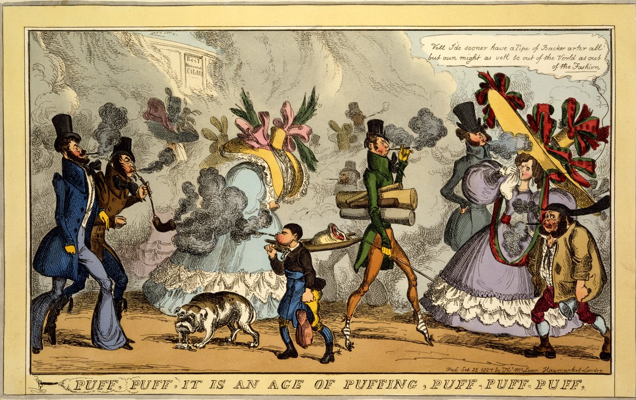Puff, Puff, se on puffauksen aikakautta, Puff, Puff, Puff, pub. Thos. McLean, Lontoo, 1827 (käsinvärinen kaiverrus) tekijältä William Heath