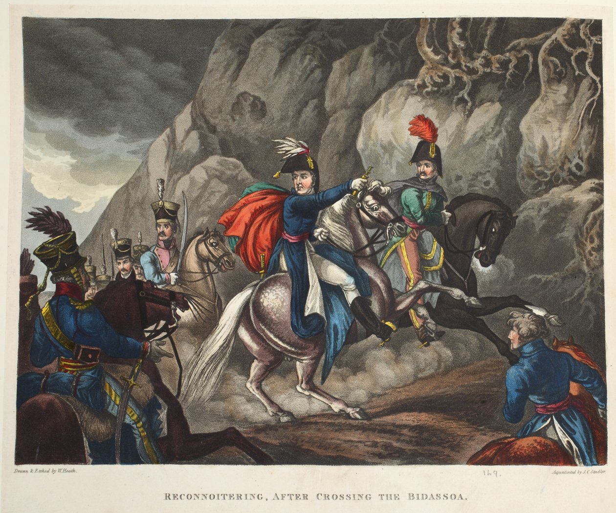 Reconoiting, Bidassoan ylityksen jälkeen, J.C. Stadlerin akvatinta, pub. Tegg, huhtikuu 1818 (akvatinta) tekijältä William Heath