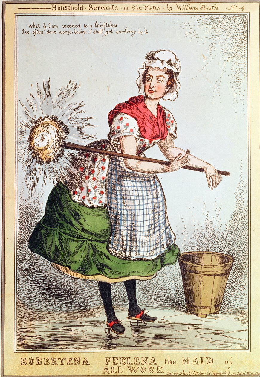 Robertena Peelena kaiken työn piika, nro. 4 vuonna 1829 julkaistusta "Household Servants" -sarjasta tekijältä William Heath